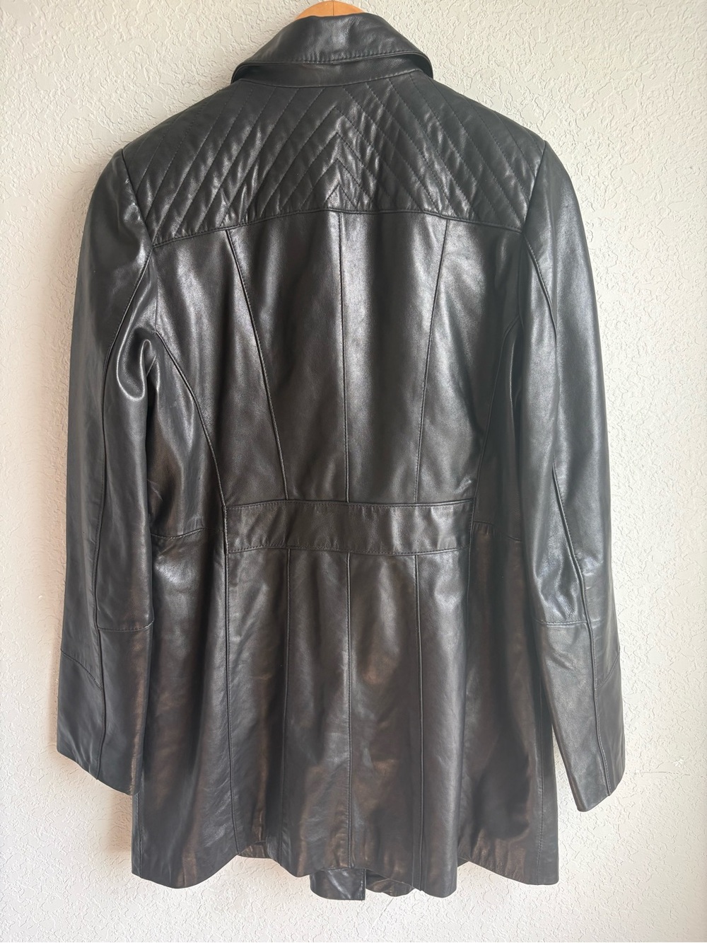 Anne Klein Black Genuine Leather Quilted Yoke Long Jacket Coat Women’s L SOFT